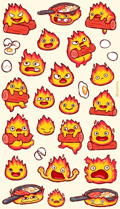 Cute Totoro Stickers, Studio Ghibli Cute Drawings, Calcifer Doodle, Calciferol Tattoo, Calsifer Howl Tattoo, Calcifer Dessin, Ghibli Art Draw, Calcifer Aesthetic, Gibli Studio Aesthetic