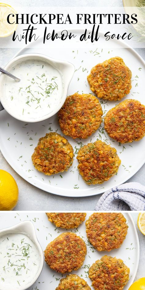 These chickpea fritters are perfectly crispy and pair incredibly well with a tangy fresh lemon dill sauce for dipping! Greek Yogurt Dipping Sauce, Garlic Chickpeas, Crispy Chickpea, Chickpea Fritters, Lemon Dill Sauce, Chickpea Patties, Garbanzo Bean Flour, Dill Recipes, Veggie Patties