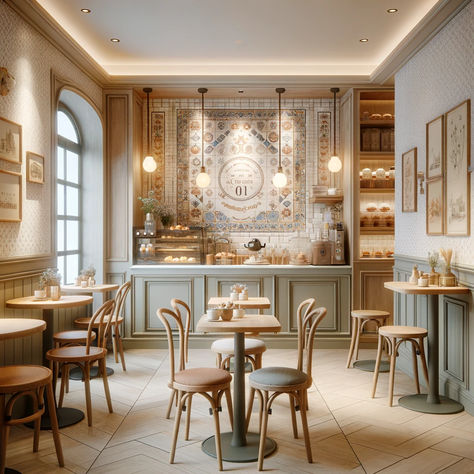 AI rendering of a cozy French-inspired cafe French Cafe Design Interiors, French Cafe Flooring, Parisian Cafe Aesthetic Interior, French Cafe Interior Design Coffee Shop, French Cafe Color Palette, Paris Cafe Aesthetic Interior, French Boulangerie Aesthetic, Parisian Bakery Interior, French Bakery Interior Design