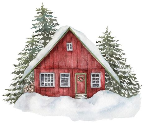 Christmas Cabin, Winter Cabin, Red House, Watercolor Christmas, Watercolor Ideas, Watercolor Drawing, Christmas Card Ideas, Christmas Watercolor, Christmas Art