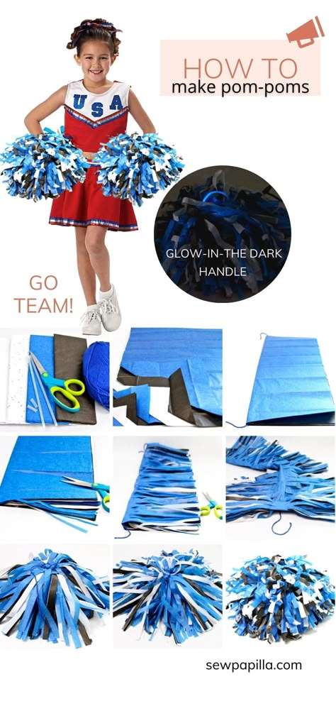 DIY CHEERLEADING POM POMS Pom Pom Cheerleading Diy, How To Make Cheerleader Pom Poms, How To Make Pom Poms For Cheerleading, Diy Cheerleader Costume, Cheerleading Diy, Cheerleading Pom Pom, Team Spirit Crafts, Cheerleading Costume, Outfit At Home