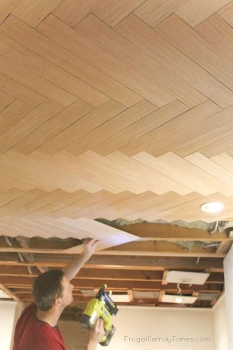 Herringbone Ceiling, Plywood Ceiling, Ceiling Basement, Basement Ceiling Ideas, Unfinished Basement Ideas, Decor Ceiling, Basement Redo, Remodel Basement, Look Wallpaper