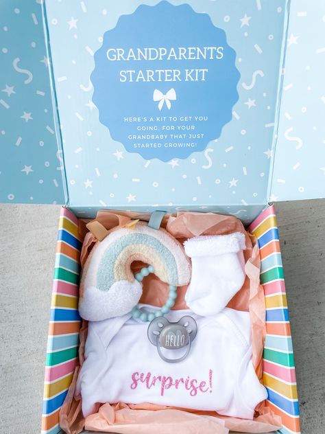 Cute Baby Announcements For Grandparents, 1st Time Grandparents Announcement, Grandparent Starter Kit Announcement, Grandparents Starter Kit, Your Going To Be Grandparents Ideas, Grandparents Pregnancy Announcement Gift, Pregnant Surprise Grandparents, Pregnancy Surprise Grandparents, Pregnancy Announcement On Birthday