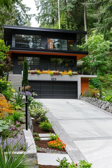 Explore creative slope driveway ideas to enhance your home's curb appeal while ensuring safety and functionality. Perfect for hillside properties! Slope Driveway, Driveway Slope, House Driveway, Modern Driveway, Porch Windows, Balcony Bar, Driveway Ideas, Driveway Design, Backyard Balcony