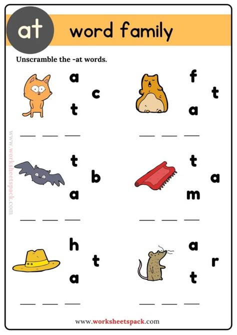 Elemental Phonics Level 1, At Word Family, At Words, Two Letter Words, Unscramble Words, Cvc Worksheets, Word Family Activities, Cvc Words Worksheets, Kids Worksheet