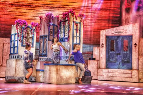 Mamma Mia Set Design, Theater Lighting Design, Musicals Aesthetic, Mamma Mia Musical, Mama Mia Party, Musical Costume Ideas, Theater Set Design, Theater Tech, Theater Lighting