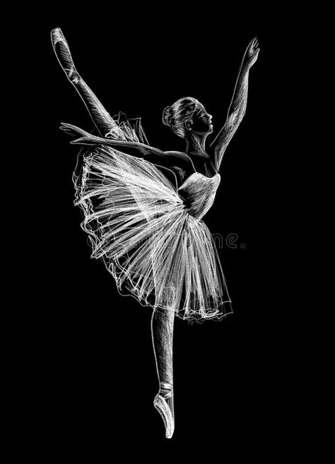 Fashion Illustration On Black Paper, White On Black Illustration, Black Ballerina Drawing, Classic Dance Drawing, Classical Dance Drawing Pencil Sketch, White On Black Art Drawing, Painting Ideas On Black Background, Canvas Paintings With Black Background, Drawing On Black Paper Ideas