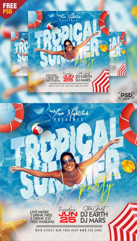 I’m excited to offer you an amazing opportunity to download a Free PSD template for your upcoming Beach Party. This Free Tropical Party Night Club Instagram Post PSD is the perfect choice for various summer events, including parties, beach gatherings, poolside celebrations, festivals, live music events and more. Its versatility allows you to utilize it as a flyer, invitation, poster, announcement, or any other promotional material. Beach Party Flyer Design, Beach Party Poster Design, Summer Design Poster, Beach Poster Design, Beach Party Poster, Summer Social Media, Summer Party Poster, Beach Party Flyer, Announcement Design