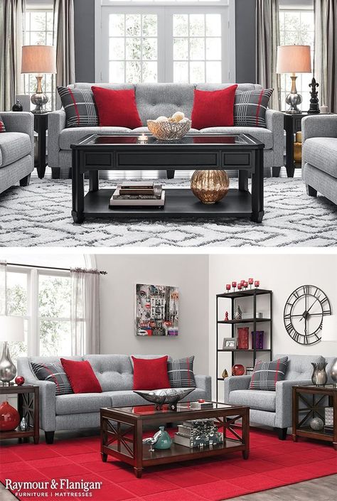 Grey And Red Living Room, Red Living Room Decor, Red Living Room, Red Living, Living Room Decor Gray, Black Living Room, Red Home Decor, Living Room Red, Trendy Living Rooms