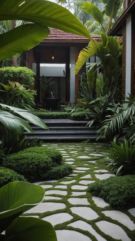 Discover modern tropical landscape design ideas inspired by Balinese gardens Get inspired by plans for your backyard front yard entrance and backyard style Explore Balinese garden elements for small or full sun spaces with a minimal and contemporary touch Small Balinese Garden Ideas, Modern Tropical Landscaping, Bali Landscape Design, Front Yard Entrance, Bali Gardens, Tropical Landscaping Ideas, Yard Entrance, Small Tropical Gardens, Bali Garden