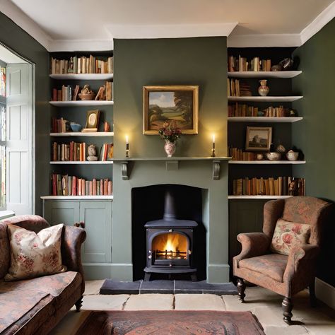 Built In Cupboards Fireplace, Study Room Fireplace, Fireplace Study Room, Small Built In Fireplace, Snug With Log Burner, Cottage Snug Room, Book Cases Around Fireplace, Fireplace Library Wall, Library Room Fireplace