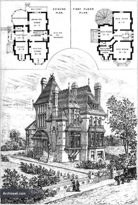 1875 - House, Upper Norwood, London Gothic House Plans, Victorian Gothic House, Gothic Victorian House, Vintage Floor Plans, Nice Bedroom, Victorian House Plans, Vintage House Plans, London Architecture, Victorian Mansions