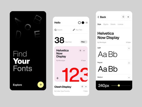 UI Exploration: Fonts App by Giga Tamarashvili for Wellcome on Dribbble Typography App, Font App, Interactive Web Design, Design Thinking Process, Berlin Design, Mobile Ui Design, App Interface, Work With Me, Web Inspiration