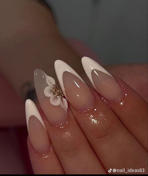 Short Length Nails Acrylic Almond, White French Design Nails Almond, Nails White Prom, Acrylic Nails Leaf Design, Almond French Tip Nails With Charms, Baddie Nails Short Almond, Cute Pointy Nails, White Dress Nails, Almond Bday Nails