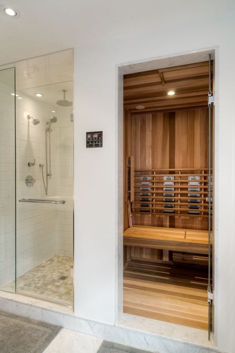 a small home steam room done with wood, with built in lights is cool and cozy Sauna Bathroom Ideas, Sauna Bathroom Design, Modern Cape, Sauna Shower, Green Bedrooms, Home Spa Room, Sauna Steam Room, Indoor Sauna, Sauna Design