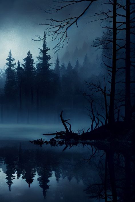 foggy forest landscape Spooky Landscape Photography, Painting Of Forest Trees, Forest Lake Aesthetic Dark, Fantasy Dark Landscape, Eerie Lake Aesthetic, Scary Forest Art, Forest Night Painting, Spooky Forest Painting, Dark Background Landscape