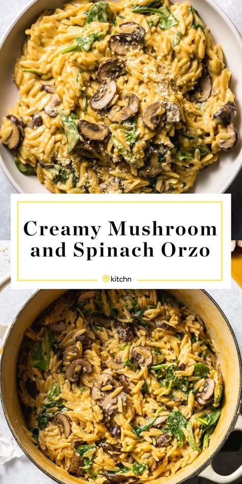 This Creamy Mushroom Orzo is Supremely Satisfying Asian One Pot Meals, Mushroom Dinners, Heat And Eat Meals, December Meals, Creamy Orzo Pasta, Mushroom Orzo, Spinach Orzo, Pescatarian Meals, Veggie Dinners