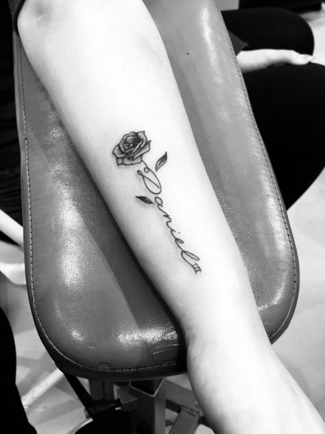 One for Daniel, RIP.  Rose with name stem tattoo by Luke Wessman Rose With Name Stem Tattoo, Name Stem Tattoo, Luke Wessman, Kurt Tattoo, Stem Tattoo, Daniel Tattoo, Rose Tattoo With Name, Rip Tattoo, Tattoo On Wrist