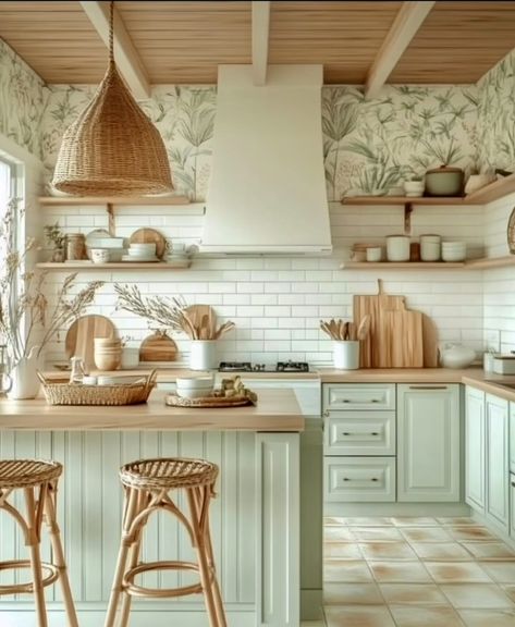 Kitchen Coastal Modern, Modern Boho Kitchen Design, House Interior Theme Ideas, Coastal Material Board, Spanish Coastal Kitchen, Coastal Interior Design Kitchen, English Beach Cottage, Kitchen Ideas Coastal Style, Coastal Mediterranean Kitchen