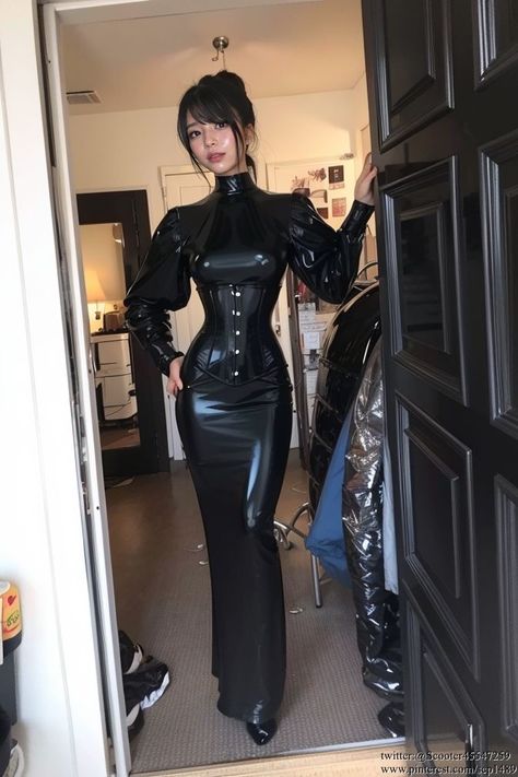 Rubber Clothes, Black Latex Dress, Pvc Corset, Corset Outfits, Hobble Skirt, Harness Fashion, Latex Skirt, Latex Lady, Leather Office