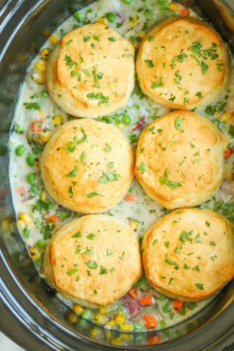 Slow Cooker Chicken Pot Pie - The easiest pot pie recipe ever made right in the crockpot from scratch - no condensed cream of chicken soup here! Chicken Pot Pie Slow Cooker, Pot Pie Slow Cooker, Bisquick Chicken Pot Pie, Pot Pie Recipe Easy, Slow Cooker Chicken Pot Pie, Bisquick Chicken, Crockpot Chicken Pot Pie, Turkey Pie, Slow Cooker Times