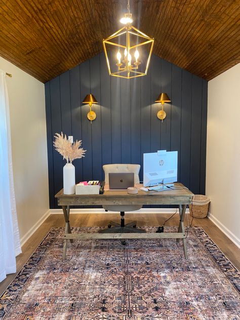 Hale Navy Shiplap Wall, White Walls Blue Accent Wall, Slate Blue Office Walls, Navy Accent Wall Office, Navy Shiplap Wall, Hale Navy Office, Navy Blue Shiplap Wall, Hale Navy Accent Wall, Navy Office Walls