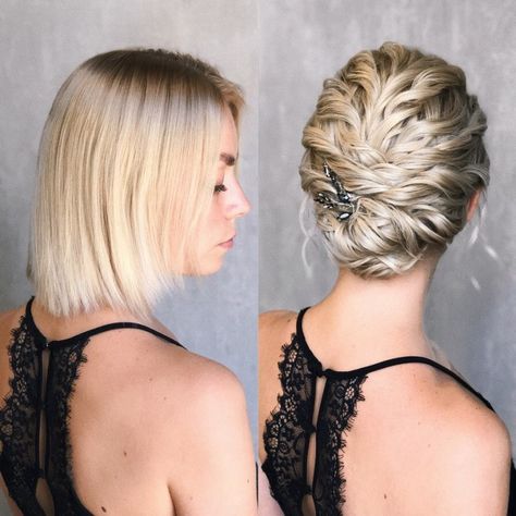 Bob Length Hair, Shoulder Length Updo, Black Braided Updo, Short Hair Updos, Neck Length Hair, Bob Length, Updos For Short Hair, Bob Wedding Hairstyles, Medium Length Updo