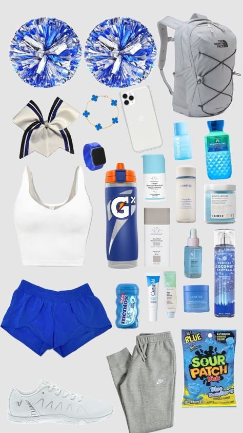 cheer practice fit for blue and white What To Bring To Cheer Practice, Cute Cheer Outfits For Practice, Cheer Tryout Outfit, Preppy Cheer Outfit, Cute Cheer Stuff, Cute Cheer Practice Outfits, Dance Team Practice Outfits, Cheerleading Outfits Blue, Cheer Outfit Ideas