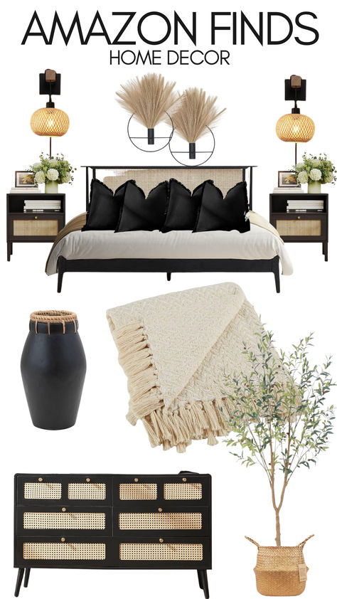 boho home decor I boho bedroom I guest bedroom         #boho #guestbedroom #guestroomdecor #homedecor #bedroomdecor #amazonfinds #amazonhome #ad #blackbedroom Modern Boho Bedroom Furniture, Black Tan Home Decor, Boho Room Black Furniture, Boho And Black Bedroom, Black And Beige Boho Bedroom, Black White And Brown Boho Bedroom, Black And Tan Boho Bedroom, African Bedroom Decor Ideas, Boho Bedroom Black Furniture