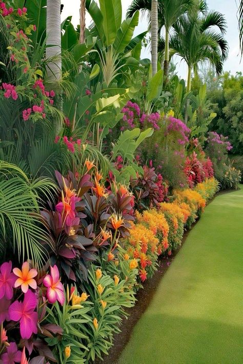 Plants For Gate Entrance, Hawaiian Backyard Ideas, Tropical Driveway Landscaping, Amazing Front Yards, Lilly Landscape Ideas, Plumeria Landscaping Ideas, Tropical Flower Bed, Jamaican Garden, Tropical Plants Outdoor