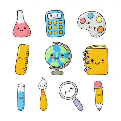 Set of cute funny school supplies kawaii style. calculator, magnifier, pens, brush, ruler, notebook, globe, and others. education items isolated Doodles Kawaii, School Supplies Kawaii, Arte Doodle, Desain Buklet, Arte Do Kawaii, Funny School, Easy Doodle Art, Kawaii Style, Cute School Supplies