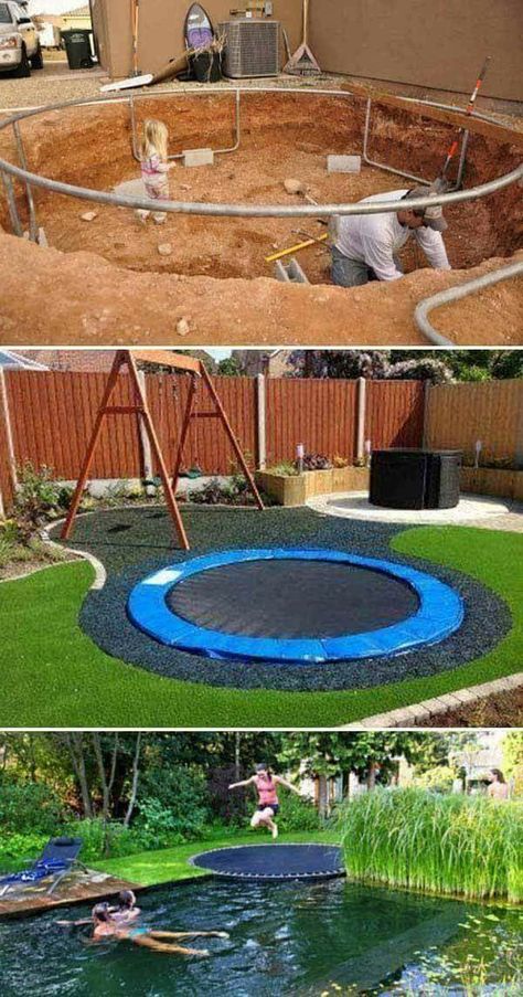 Ground Trampoline, Sunken Trampoline, Kids Backyard Playground, Backyard Landscape, Backyard Playground, Trampolines, Backyard For Kids, Kids Play Area, Dream Backyard