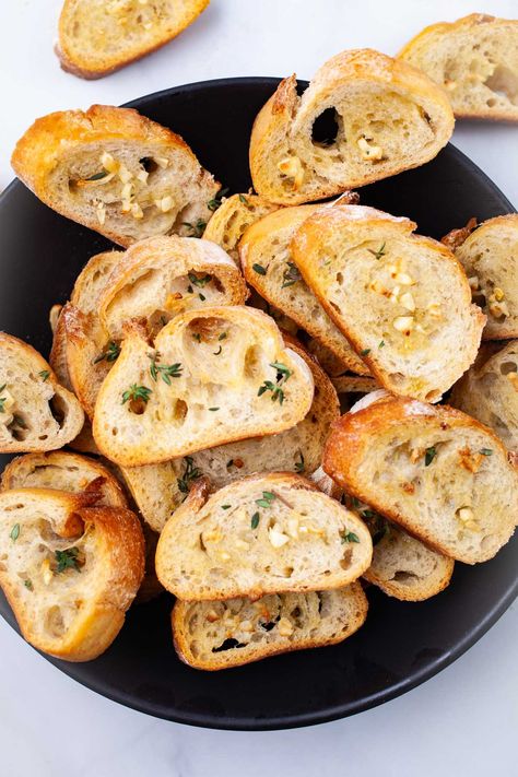 Easy Garlic Crostini With Olive Oil Garlic Crostini Recipes, Garlic Crostini, Garlic Bread Crostini, Garlic Dipping Oil For Bread, Easy Garlic Toast With Bread, Homade Garlic Bread Toast, Toasted Baguette Slices Garlic Bread, Crostini Bread, Vegetable Soup Recipes Healthy