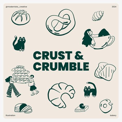 Brand illustrations for bakery “Crust&Crumble”. The illustrations will be an excellent addition to the company’s corporate identity. It can be used for packaging and printed media, design for social networks and merch. #illustration_art #brandillustration #designillustrations #brandidentitydesigner #artillustration #designstudios #designteam #branddesignstudio #marketingstudio #buisnessowner #studiodesign #artforbusiness #bakerydesign #bakeryillustration #highqualitydesign #dreamdesign #artd... Cute Bakery Illustration, Bakery Packaging Ideas, Bakery Graphic Design, Bakery Merch, Bakery Logo Inspiration, Bakery Brand Identity, Bakery Identity, Bakery Illustration, Logo Real Madrid