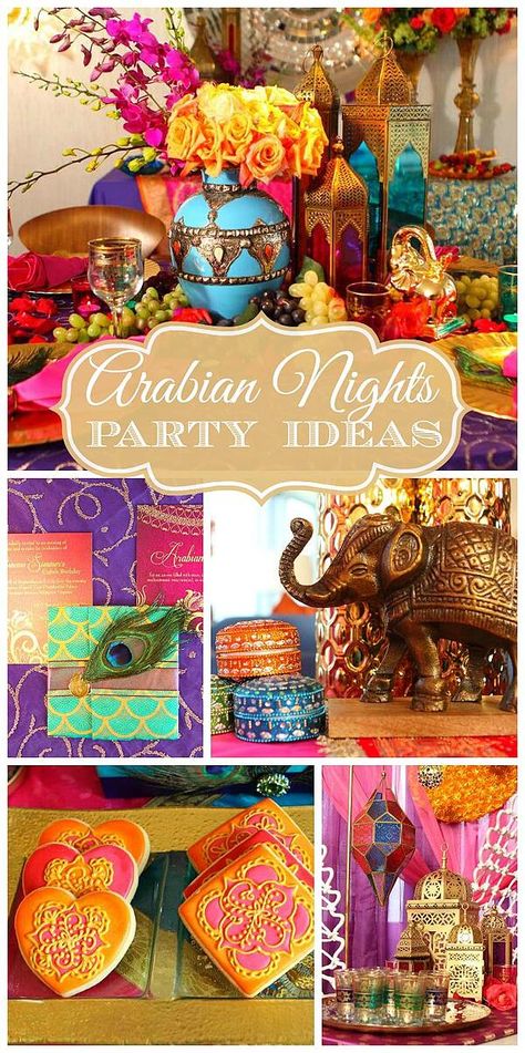 20 Unique Themed Party Ideas Arabian Nights Prom, Moroccan Theme Party, Sand Art Crafts, Arabian Party, Arabian Theme, Arabian Nights Theme, Aladdin Party, Arabian Nights Party, Jasmine Party