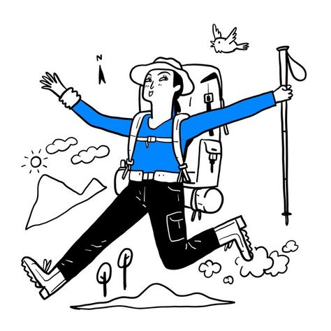 Tourist Illustration, Hiker Illustration, Hiking Illustration, Illustration Line Art, Doodle Style, Hand Drawn Illustration, Drawn Illustration, Psd Files, Doodle Art