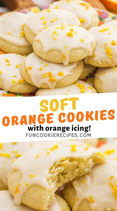 Amish Orange Cookies, Soft Orange Cookies With Icing, Orange Cookie Icing Recipe, Orange Cookies From Cake Mix Recipes, Iced Orange Cookies, Orange Juice Cookies Recipes, Ways To Use Up Oranges, Orange Extract Recipes Baking, Uses For Orange Juice