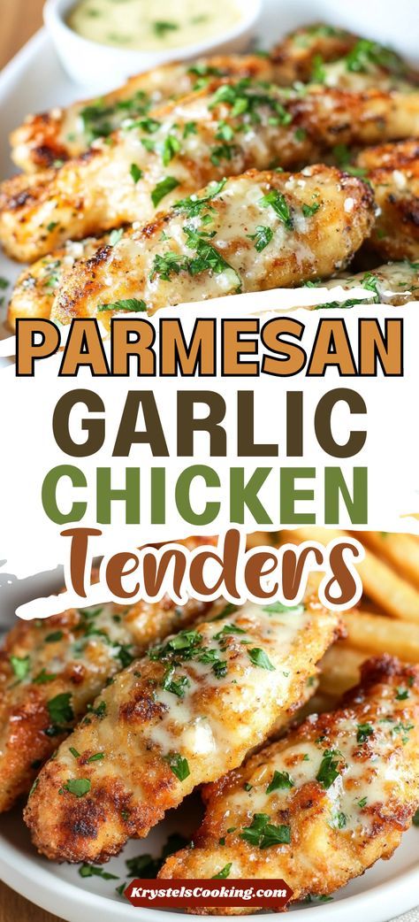 Baked Crispy Garlic Parmesan Chicken Tenders – These flavorful chicken tenders are perfect for quick dinner ideas! Using chicken breast, this recipe delivers crispy, golden bites that are easy to make and packed with savory garlic parmesan goodness. Garlic Parmesan Chicken Tenders Baked, Crispy Garlic Parmesan Chicken Tenders, Recipe For Chicken Tenders Oven Baked, Chicken Tender Lunch Ideas, Chicken Tenders Parmesan Recipe, Chicken Tender Ideas For Dinner, Chicken Tenders Dinner Ideas, Wing Stop Chicken Tenders, Garlic Parmesan Tenders