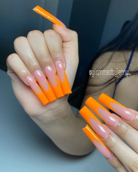 Long Neon Orange Acrylic Nails, Orange Tips Acrylic Nails, Long Acrylic Nails Orange, Orange French Tip Toes, Long Orange Acrylic Nails, Orange Square Acrylic Nails, Orange Birthday Nails, Neon Orange Acrylic Nails, Orange Nails Long