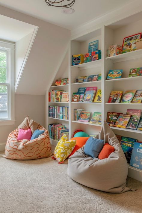 Playroom Book Nook, Library And Playroom, Teenage Playroom Ideas, Playroom Loft Ideas For Kids, Older Kids Playroom, Playroom Interior Design, Kids Loft Playroom, Attic Playroom Ideas Sloped Ceiling, Kids Home Library