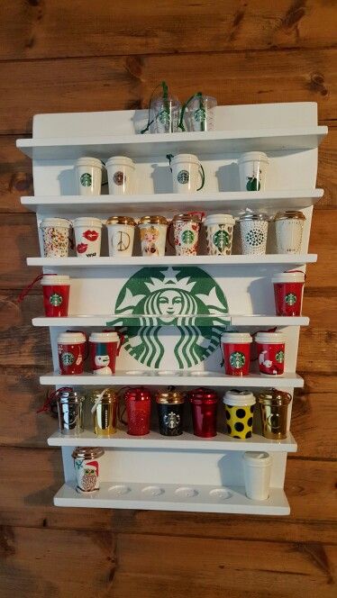 Starbucks ornament holder for year round display.  It holds up to 53 ornaments.   #Starbucks Starbucks Cups Display Ideas, Starbucks Tumbler Organization Ideas, Storage For Starbucks Cups, Starbucks Collection Display, Starbucks Ornaments Display, Starbucks Cup Storage, Starbucks Tumbler Storage Ideas, Starbucks Cup Storage Ideas, Starbucks Cup Display