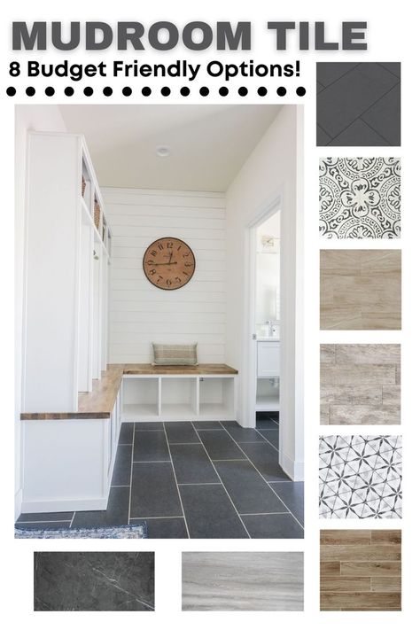 best mudroom flooring, mudroom, mudroom flooring ideas, best flooring for Mudroom, Mudroom flooring, Mudroom flooring options, entryway flooring options, best flooring for entryway, best tile flooring, bet entryway flooring, mudroom ideas on a budget, diy mudroom, tile for mudroom, ceramic tile, porcelain tile, mudroom flooring ideas, best tile flooring, mudroom floor tiles, custom mudroom, mudroom ideas, mudroom inspiration Black And White Floor Tile, Diy Mudroom Bench Plans, Modern Farmhouse Tile, Mudroom Tile, Mud Room Laundry Room Combo, Modern Farmhouse Flooring, Room Tiles Floor, Bathroom Tile Diy, Room Floor Tiles