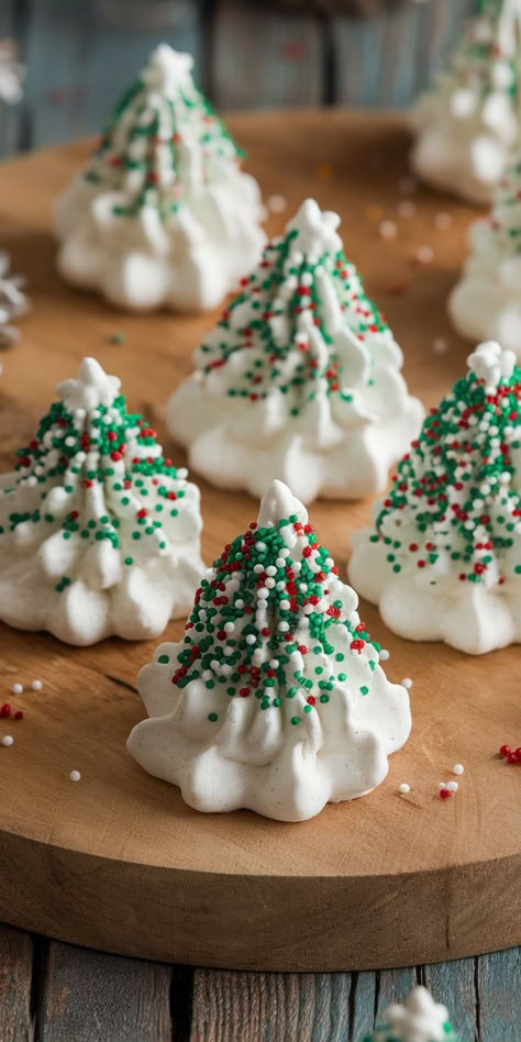 Celebrate the season with these charming Christmas Tree Meringue Cookies! Light and airy, these festive confections are perfect for gifting or adding a sweet touch to your holiday festivities. A delightful treat that everyone will love! Pecan Meringue Cookies, Christmas Meringues Cookies, Air Fryer Meringue Cookies, Meringue Christmas Tree Cookies, Meringue Trees Christmas, Light Christmas Deserts, Meraigne Cookies, Holiday Meringue Cookies, French Meringue Cookies