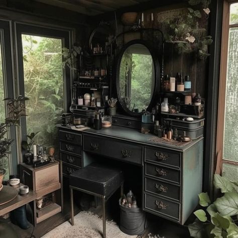 Dark Cottagecore Vanity Dressing Area Witchy House, Walnut Kitchen, Concept Kitchen, White Counters, Dark Home Decor, Goth Home Decor, Dark Home, Dark Cabinets, Backsplash Ideas