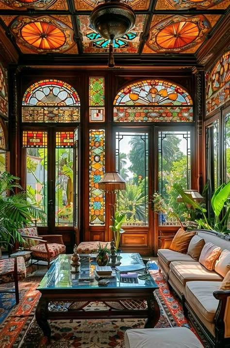 Eclectic Maximalism, Moody Living Room, Art Nouveau Interior, Aesthetic Room Ideas, Dream Cottage, Living Room Design Decor, Interior Deco, House Architecture Design, Glass House