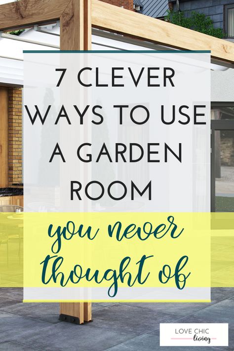 Have you thought about these different ideas for using a garden room? You may not have come across these modern, contemporary ways of decorating your garden room, or even thought of how you could create a clever garden room in your outdoor space.   #gardenroom #conservatory #glasshouse #lovechicliving Small Garden Conservatory Ideas, Cheap Conservatory Ideas, Indoor Garden Rooms Small Spaces, Garden Room Dining Area, Conservatory Decor Ideas Uk, Garden Room Flooring Ideas, Garden Rooms Ideas, Outdoor Garden Rooms Ideas, Conservatory Into A Room