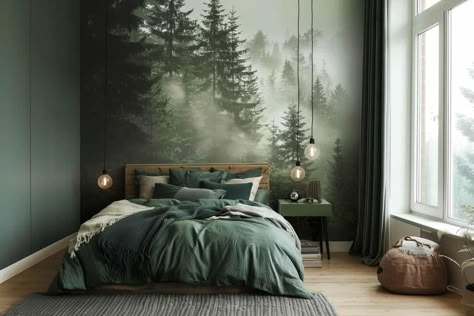 Transform your bedroom into a serene woodland retreat with these forest-themed decor tips. Embrace earthy colors, textures, and accents for a cozy atmosphere. Bright Colored Furniture, Forest Themed Bedroom, Tree Wallpaper Mural, Organic Modern Living Room, Forest Bedroom, Woodland Wallpaper, Forest Mural, Open Closet, Misty Forest