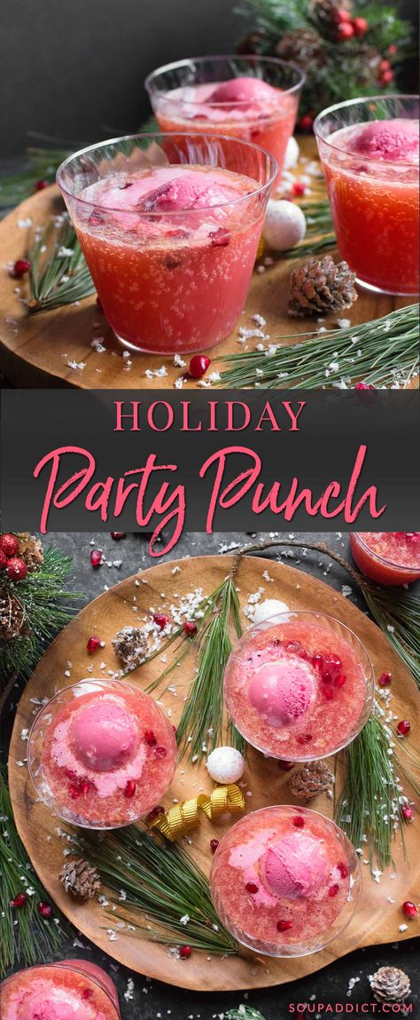 A beautiful party punch that takes just minutes to make, and is a guaranteed crowd pleaser! Fruity and effervescent, with gorgeous coloring, this Holiday Party Punch shines at all types of gatherings, from cozy fireplace evenings with family and friends, to office potlucks, to game day celebrations. Recipe at SoupAddict.com (also includes a summer variation) Winter Party Punch, Holiday Party Punch, Holiday Punch Recipe, Non Alcoholic Punch, Recipes Winter, Party Punch Recipes, Coctails Recipes, Alcoholic Punch, Christmas Punch Recipes