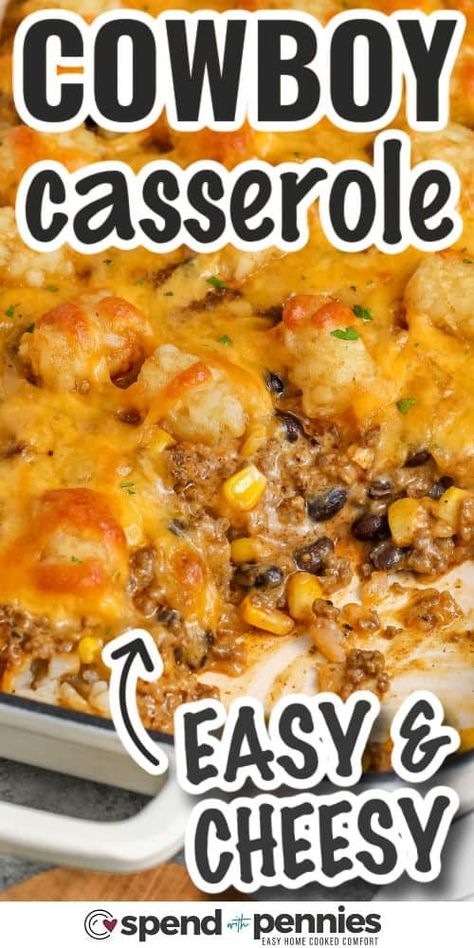 This hearty cowboy casserole is bursting with meaty flavors and melty cheese, and promises to nourish and satisfy the hungriest crowd. Seasoned ground beef is cooked with cream of chicken soup, black beans, sour cream, and cheddar, layered with tater tots until golden and irresistible. Pair this comfort dish with cornbread and butter for a filling meal that's sure to please your whole crew. This cowboy casserole recipe is ideal for feeding big families or potluck crowds! #spendwithpennies Cowboy Hashbrown Casserole, Cowboy Hamburger Casserole Recipes, Cowboy Potluck Ideas, Cowboy Tater Tot Casserole Ground Beef, Cowboy Casserole Recipe Tater Tots, Cowboy Tatertot Casserole, 9 X 13 Casseroles, Southern Dishes For A Crowd, Hot Casserole Recipes