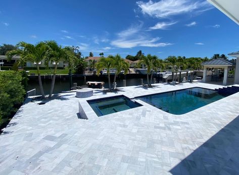 Ice White Sandblasted Marble Pool Deck, Sandblasted Marble Pool Deck, Marble Pool Deck, Pool Patio Pavers, Gorgeous Pools, Marble Pool, Paver Deck, Driveway Walkway, First Home Ideas